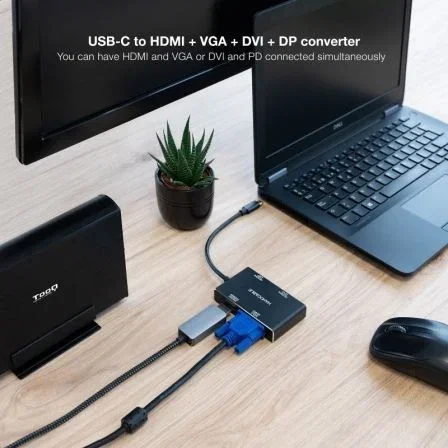 Nanocable Conversor USB-C a HDMI, DVI, DP y VGA, Negro, 10 cm